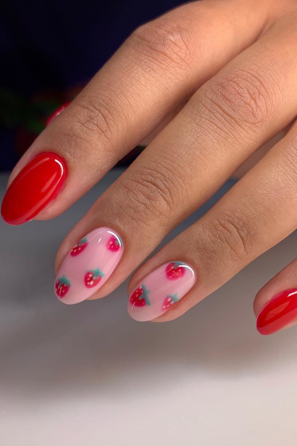 Strawberry nails, red nails with cute little strawberries