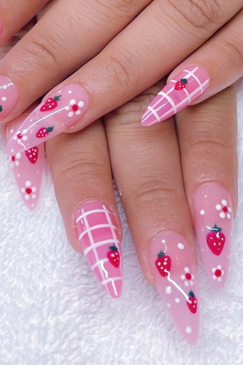 Strawberry nails, summer acrylic nails with strawberries and flowers