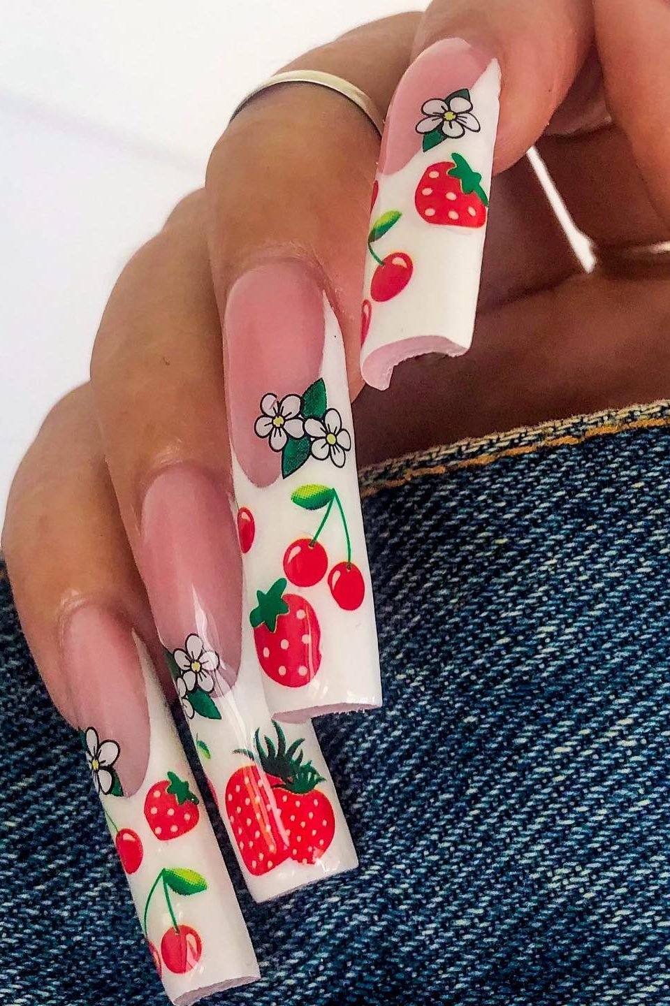 Long french tip fruit nails with strawberries and cherries