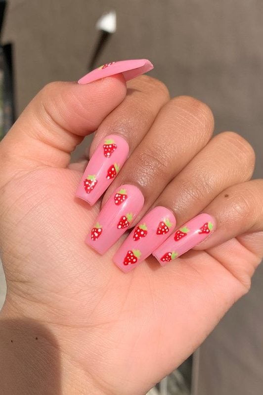 Strawberry nails, pastel pink nails with strawberries