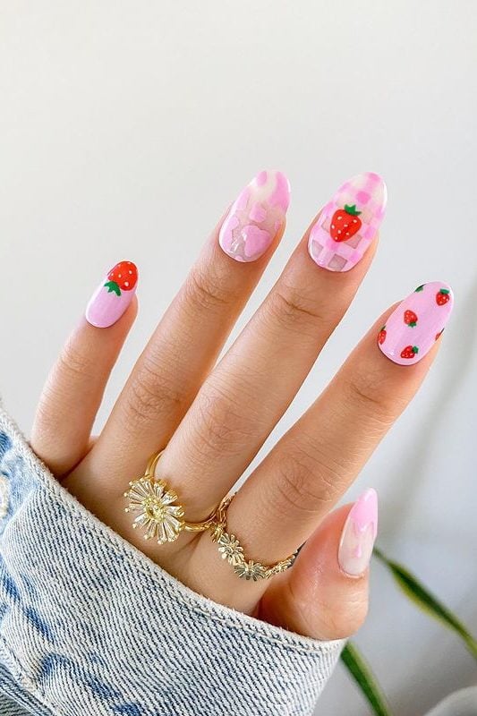 Bubblegum pink nails with strawberries