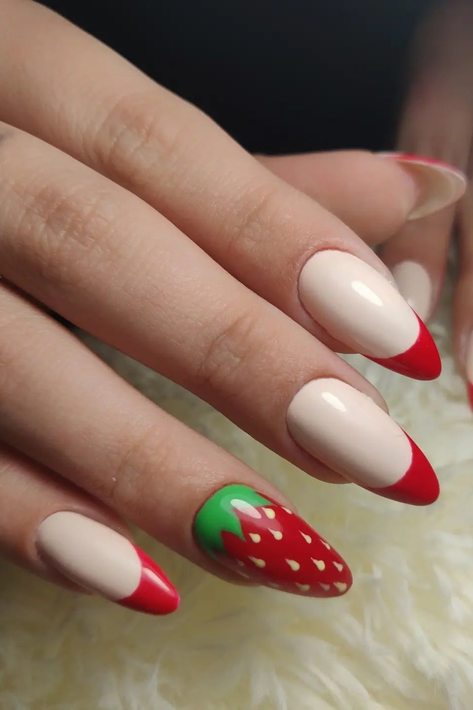 Strawberry nails, red french with strawberry nail design