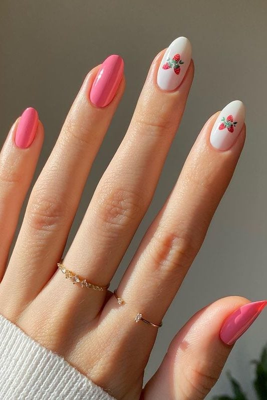 Strawberry nails, baby pink and white nails with strawberries