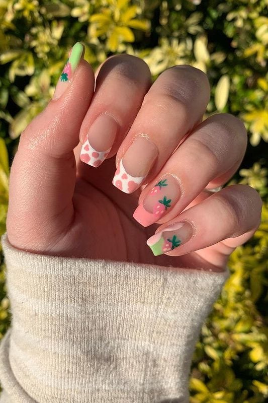 Strawberry nails, cow print french tip nails with strawberries