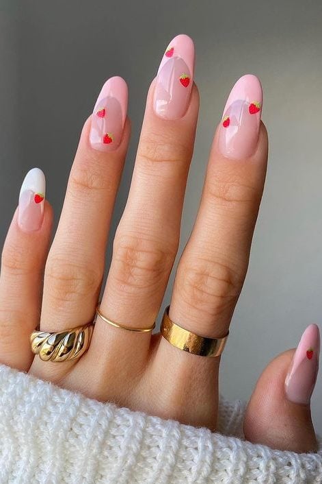 Strawberry nails, pastel pink french tip nails with strawberries