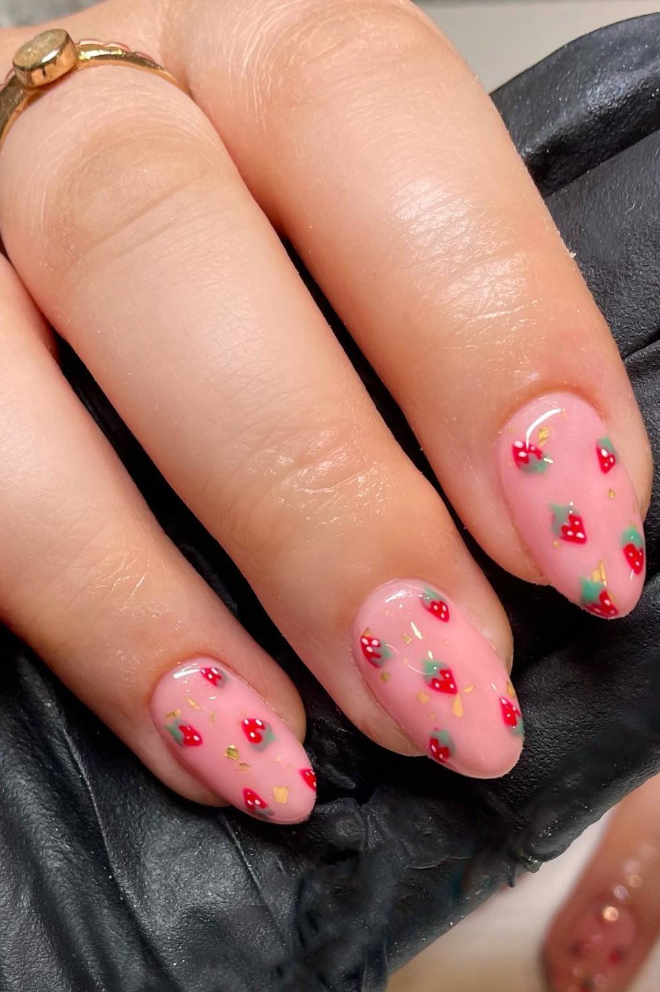 Strawberry nails, nude nails with strawberries