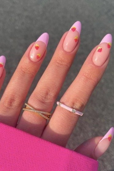 Strawberry nails, baby pink french tip nails with little strawberries