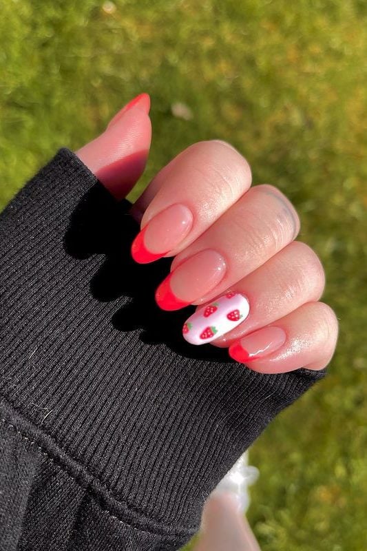 Strawberry nails, bright red french nails with strawberries