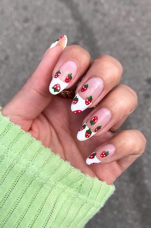 Strawberry nails, french tip summer acrylic nails with strawberries